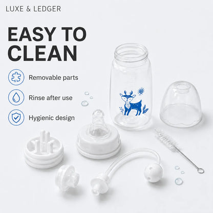 A clear baby bottle with a blue deer graphic, shown disassembled with its removable parts and a cleaning brush on a light gray background. Text on the left reads 'EASY TO CLEAN' with bullet points about removable parts, rinsing after use, and hygienic design.