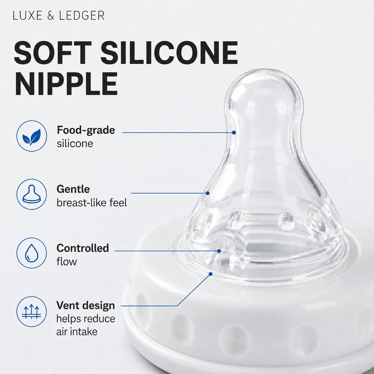A clear soft silicone baby nipple shown on a white base with marketing text and callout lines reading 'Food-grade silicone,' 'Gentle breast-like feel,' 'Controlled flow,' and 'Vent design helps reduce air intake.'.