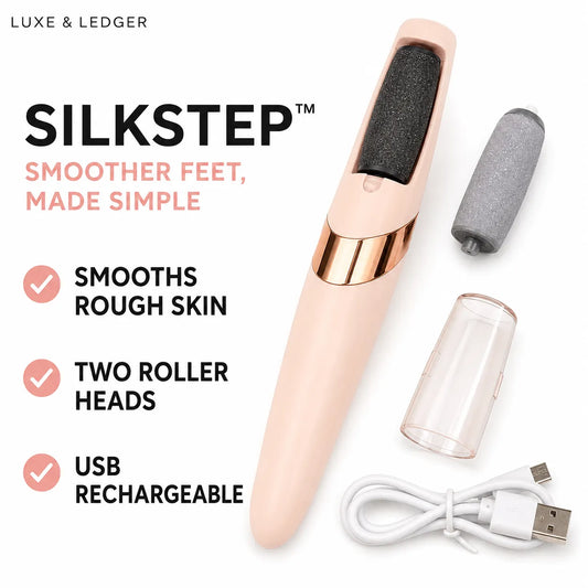 Luxe & Ledger Silkstep smoother foot tool in blush pink with rose gold trim, shown with two roller heads, a clear storage case, and a white USB charging cable on a white background with product text.