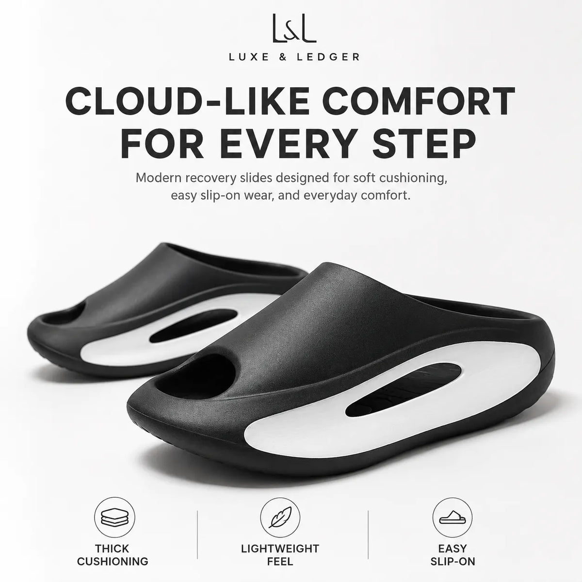 A pair of black and white slide sandals with ergonomic cutouts, shown on a clean white background with promotional text and feature icons. The brand name 'LUXE & LEDGER' is visible at the top.