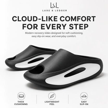 A pair of black and white slide sandals with ergonomic cutouts, shown on a clean white background with promotional text and feature icons. The brand name 'LUXE & LEDGER' is visible at the top.