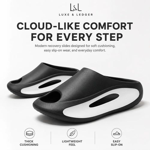 A pair of black and white slide sandals with ergonomic cutouts, shown on a clean white background with promotional text and feature icons. The brand name 'LUXE & LEDGER' is visible at the top.