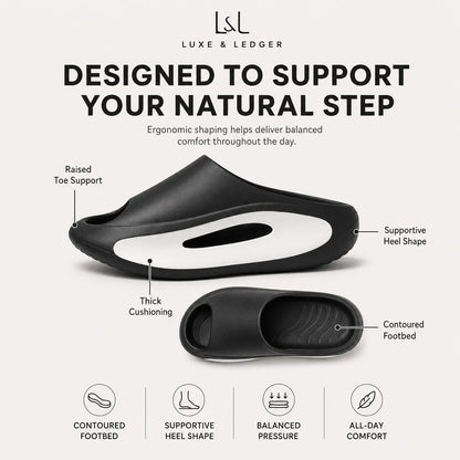 Luxe & Ledger slide shoe with labeled callouts showing raised toe support, supportive heel shape, thick cushioning, and contoured footbed, plus feature icons below on a light gray background.