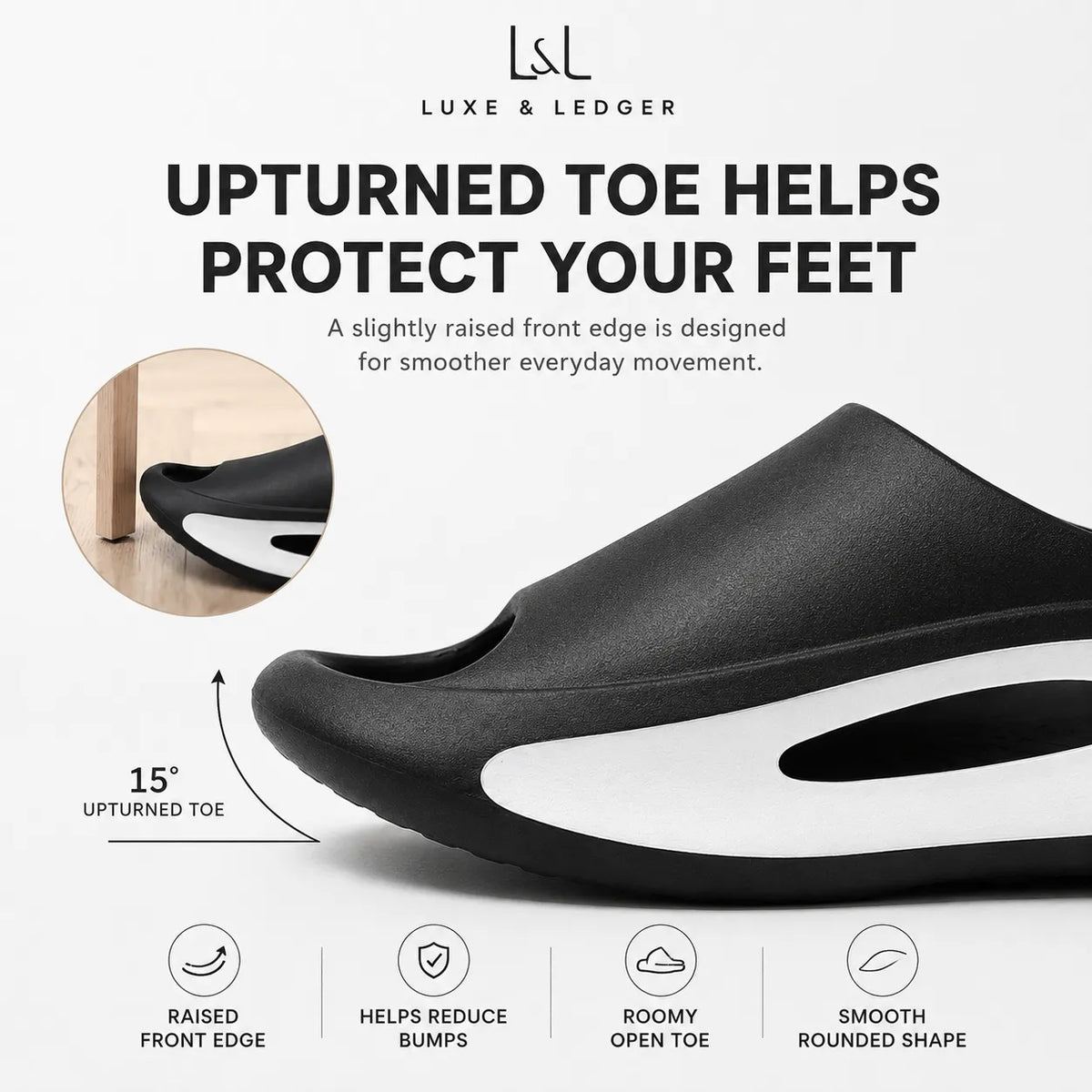 A black and white Luxe & Ledger slip-on shoe with a raised front edge, shown on a light gray background with marketing text and feature icons explaining the upturned toe design.