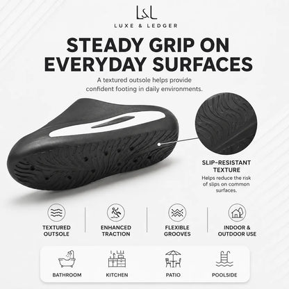 A promotional graphic for a black slip-on shoe sole by Luxe & Ledger, showing a textured outsole design, a circular inset zoom of the tread pattern, and feature icons for bathroom, kitchen, patio, and poolside use. Text reads 'STEADY GRIP ON EVERYDAY SURFACES' and 'SLIP-RESISTANT TEXTURE'.