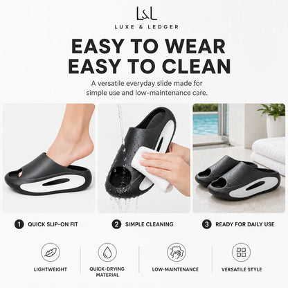 Black and white slide slip-on slippers by Luxe & Ledger, shown with text highlighting easy wear, easy to clean, quick slip-on fit, simple cleaning, and ready for daily use. Includes a foot wearing the slipper, a hand wiping water, and the slippers on a clean floor.