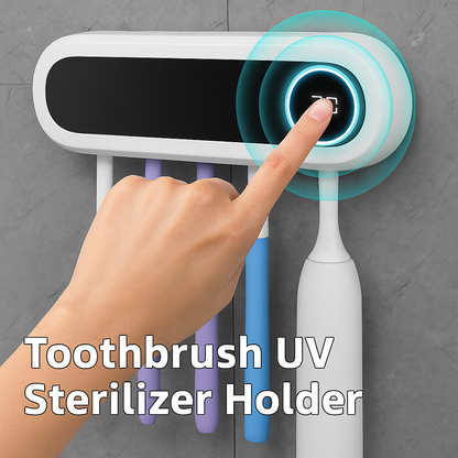 Toothbrush UV sterilizer holder with a hand pressing a button on a gray background