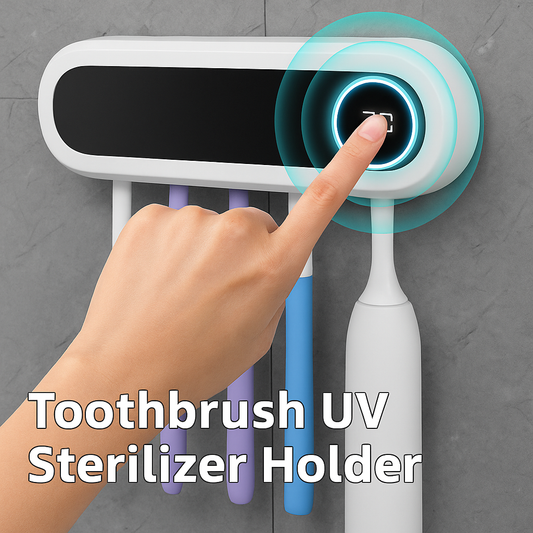 Toothbrush UV sterilizer holder with a hand pressing a button on a gray background