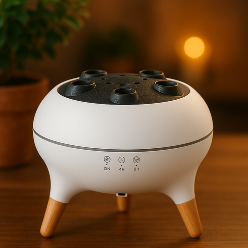 White and black diffuser with wooden legs on a wooden surface