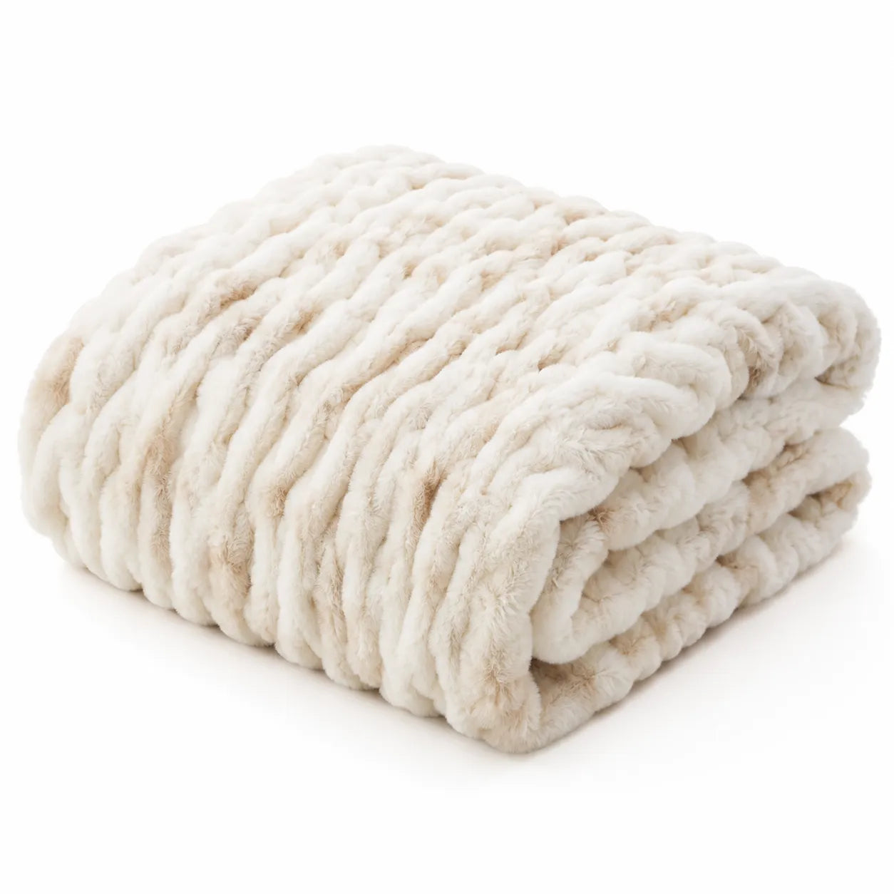 A folded chunky knit blanket in a warm cream or off-white color, showing its thick, ribbed texture against a plain white background.