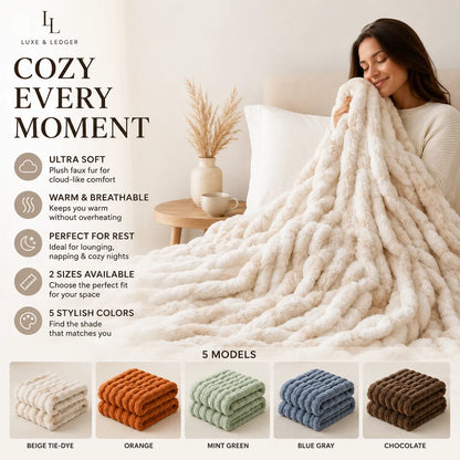 A cozy chunky knit blanket in cream is draped over a bed in a softly lit bedroom, with a woman holding it. Text on the left reads 'COZY EVERY MOMENT' with feature callouts, and the bottom shows five color options: beige tie-dye, orange, mint green, blue gray, and chocolate.