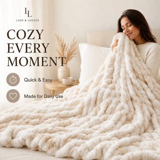 A woman sits on a bed wrapped in a chunky, thick knit blanket. Large text on the left reads 'COZY EVERY MOMENT' with 'LUKE & LEDGER' branding above, plus icons for 'Quick & Easy' and 'Made for Daily Use'.