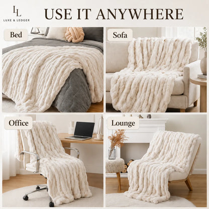A four-panel collage showing a chunky knit throw blanket in cream/off-white styled in different home settings: on a bed, draped over a sofa, over an office chair, and over a lounge chair. Text at the top reads 'USE IT ANYWHERE' with 'ILUXE & LEDGER' branding in the top left.