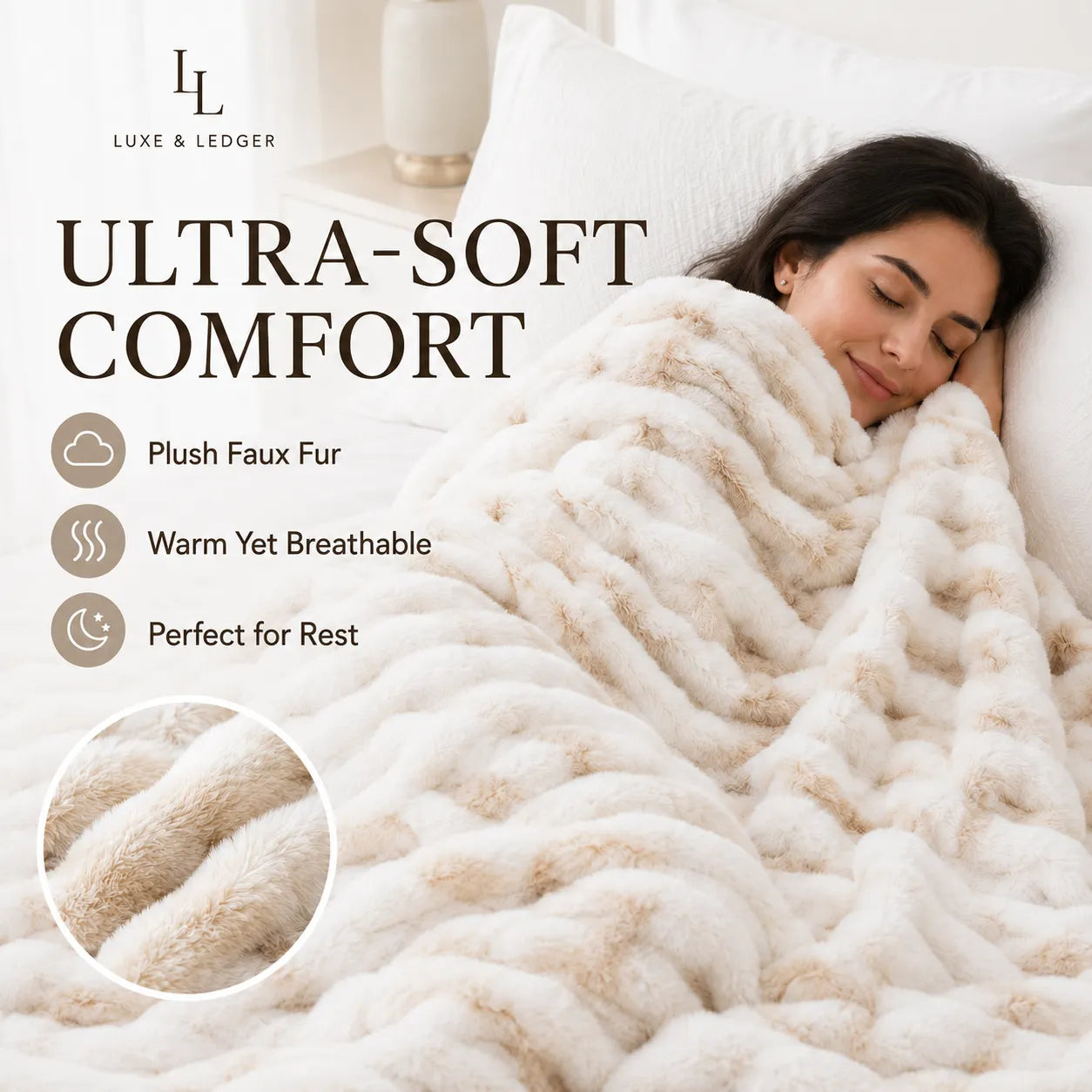 A woman rests in bed wrapped in a plush cream faux fur blanket, with text reading 'ULTRA-SOFT COMFORT' and 'Plush Faux Fur' from Luxe & Ledger. The image includes a close-up circular inset of the soft faux fur texture.