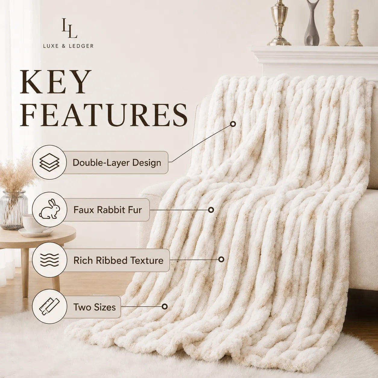 A chunky cream faux rabbit fur throw blanket draped over a sofa in a styled living room, with text callouts highlighting key features: double-layer design, faux rabbit fur texture, rich ribbed texture, and two sizes. The brand name 'LUXE & LEDGER' is visible in the top left.