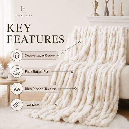A chunky cream faux rabbit fur throw blanket draped over a sofa in a styled living room, with text callouts highlighting key features: double-layer design, faux rabbit fur texture, rich ribbed texture, and two sizes. The brand name 'LUXE & LEDGER' is visible in the top left.