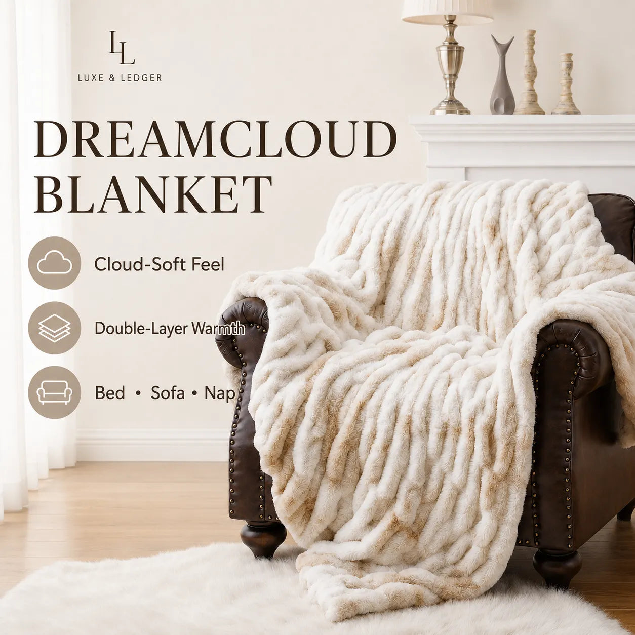 A chunky, thick plush throw blanket in cream and beige is draped over a dark brown leather armchair in a bright living room setting. Text overlays on the left read 'DREAMCLOUD BLANKET' and list features like 'Cloud-Soft Feel' and 'Double-Layer Warmth'.