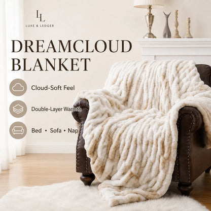 A chunky, thick plush throw blanket in cream and beige is draped over a dark brown leather armchair in a bright living room setting. Text overlays on the left read 'DREAMCLOUD BLANKET' and list features like 'Cloud-Soft Feel' and 'Double-Layer Warmth'.