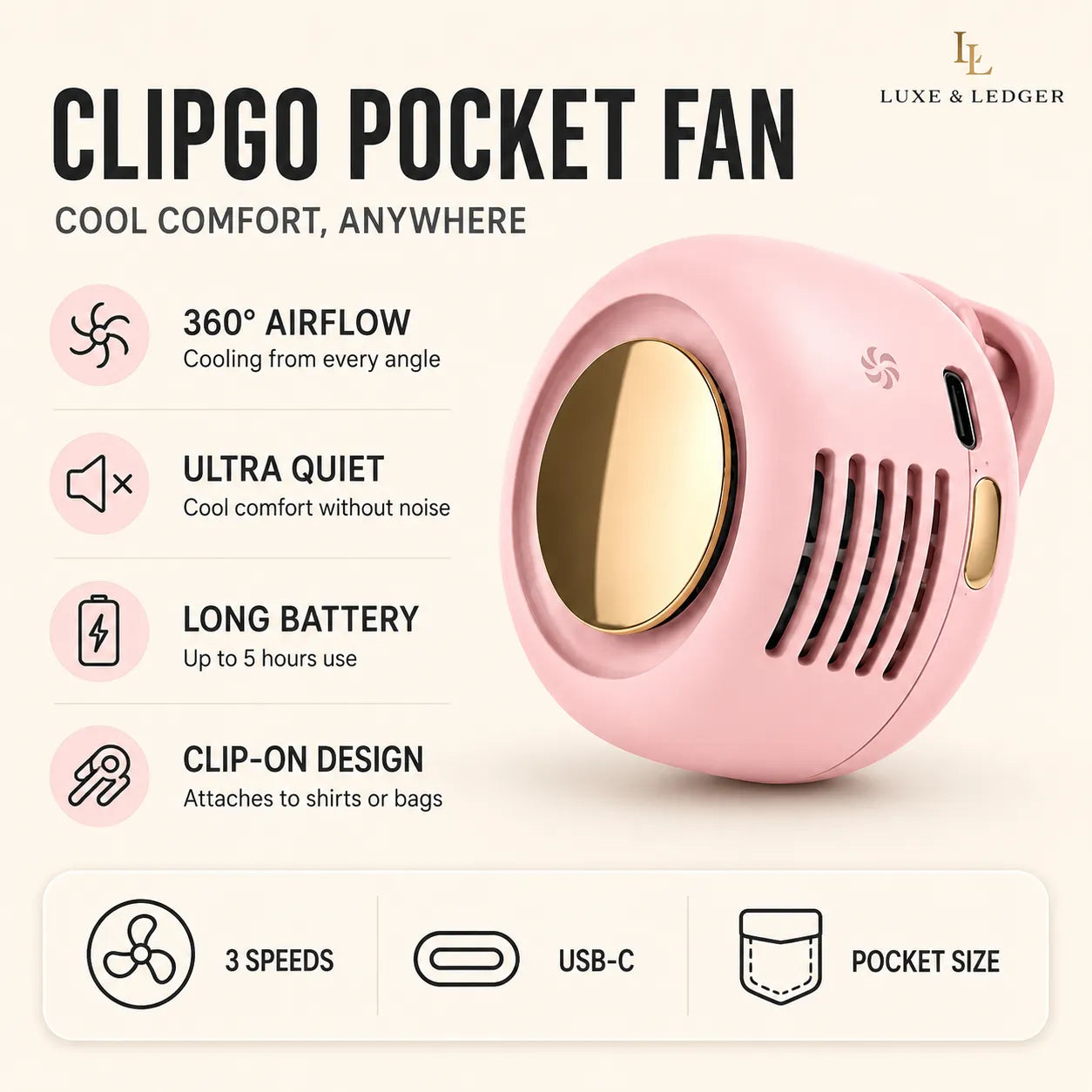 Pink pocket fan with features listed on a white background