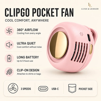 Pink pocket fan with features listed on a white background