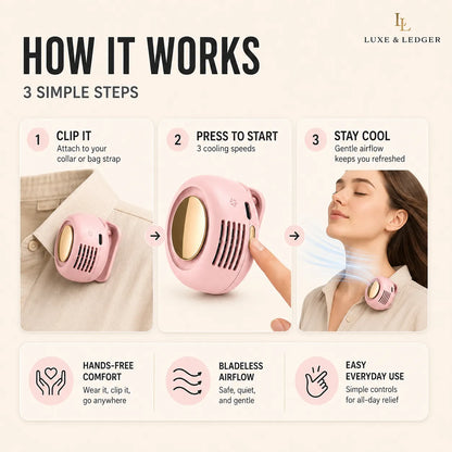 Product infographic showing how a bladeless cooling device works with steps and features.