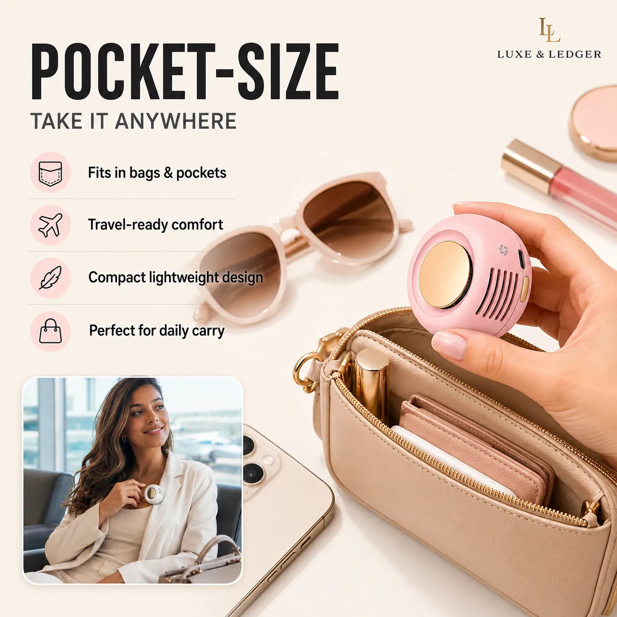 Small pink device held by a hand with sunglasses and makeup in the background, promoting 'Luxe & Ledger' brand.