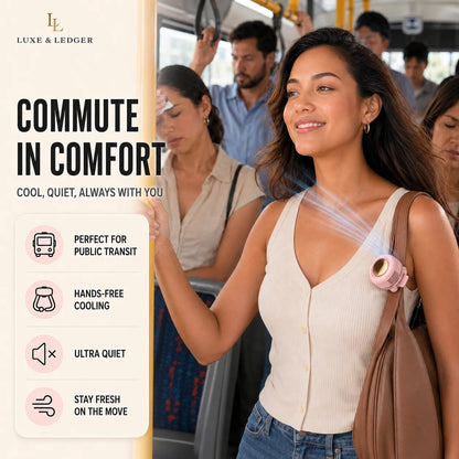 Woman commuting on a bus with a product, featuring Luxe & Ledger branding.