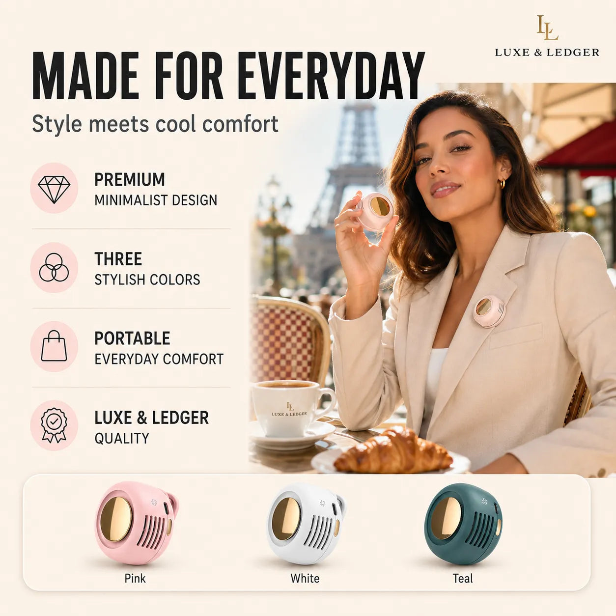 Woman enjoying a coffee and pastry with Luxe & Ledger products displayed, featuring the Eiffel Tower in the background.
