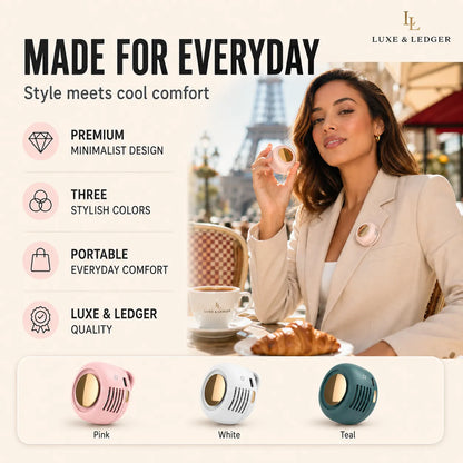 Woman enjoying a coffee and pastry with Luxe & Ledger products displayed, featuring the Eiffel Tower in the background.