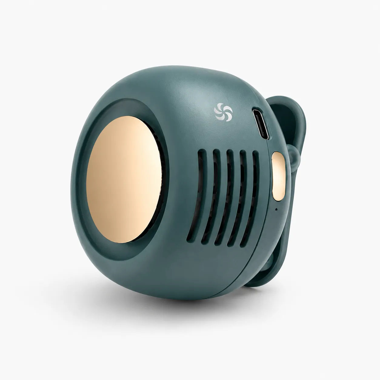 Green and gold portable speaker on a white background