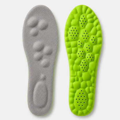 Gray and green shoe insoles on a white background