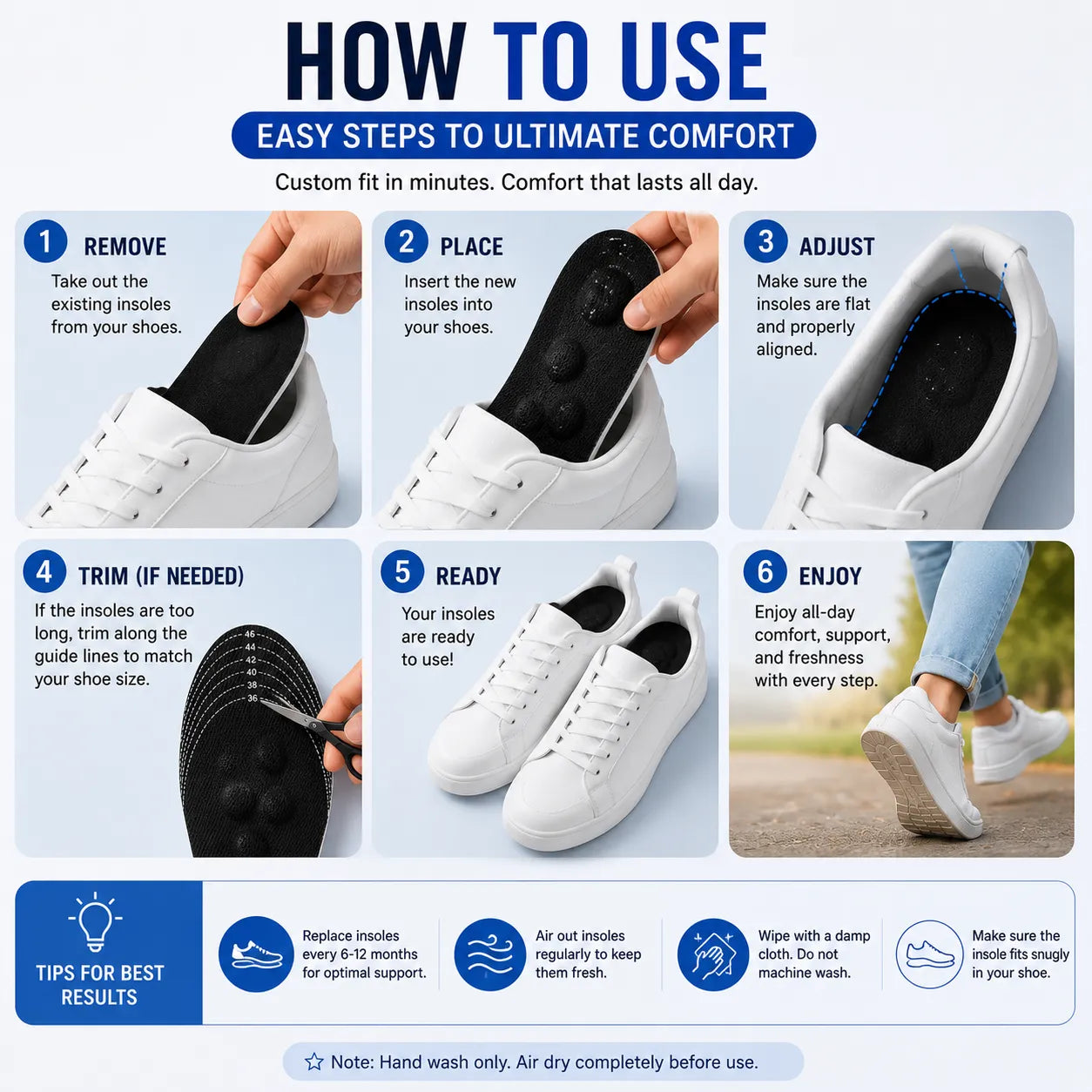 Step-by-step guide on how to use shoe insoles with images and text.