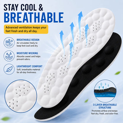 Insole with text highlighting features like breathability, comfort, and odor control on a light blue background.