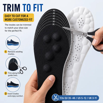 Black insole with size guide and scissors, showing how to trim for a custom fit.
