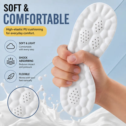 White shoe insole held by a hand with product features highlighted on a light blue background