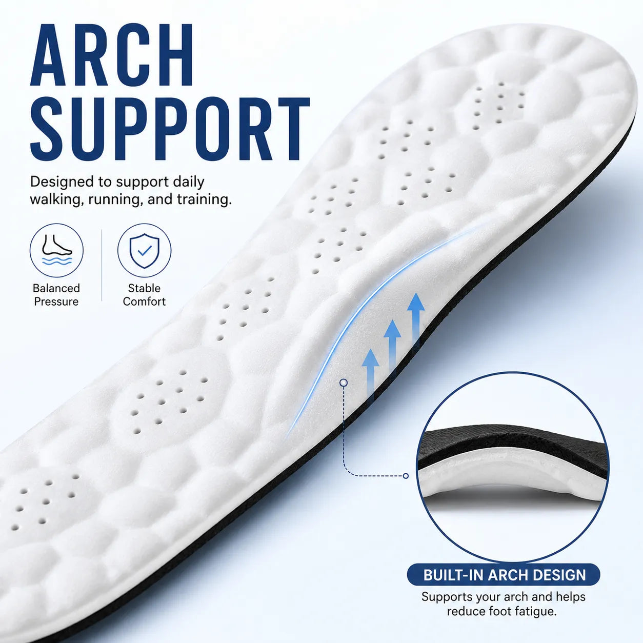 White arch support insole with text highlighting features on a light blue background