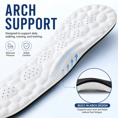 White arch support insole with text highlighting features on a light blue background