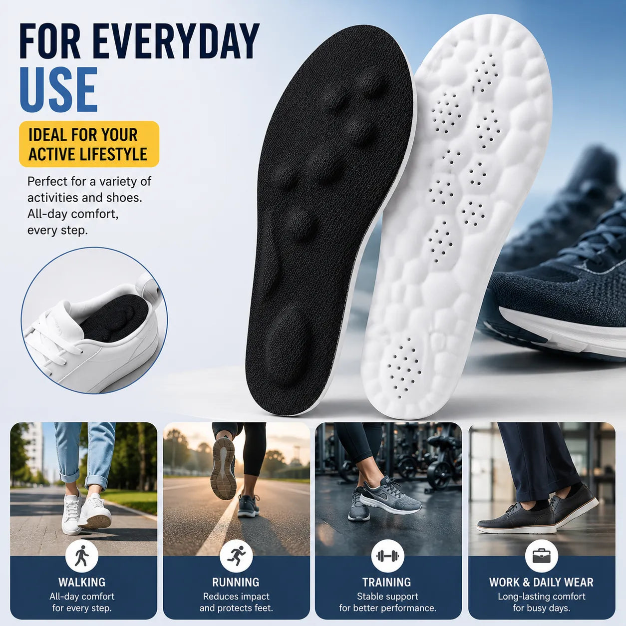 Insole with black and white sole, ideal for active lifestyle, shown with lifestyle images.