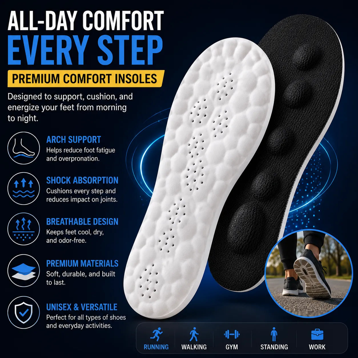 Black and white comfort insole with features and benefits on a dark background