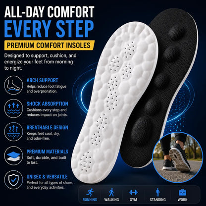 Black and white comfort insole with features and benefits on a dark background