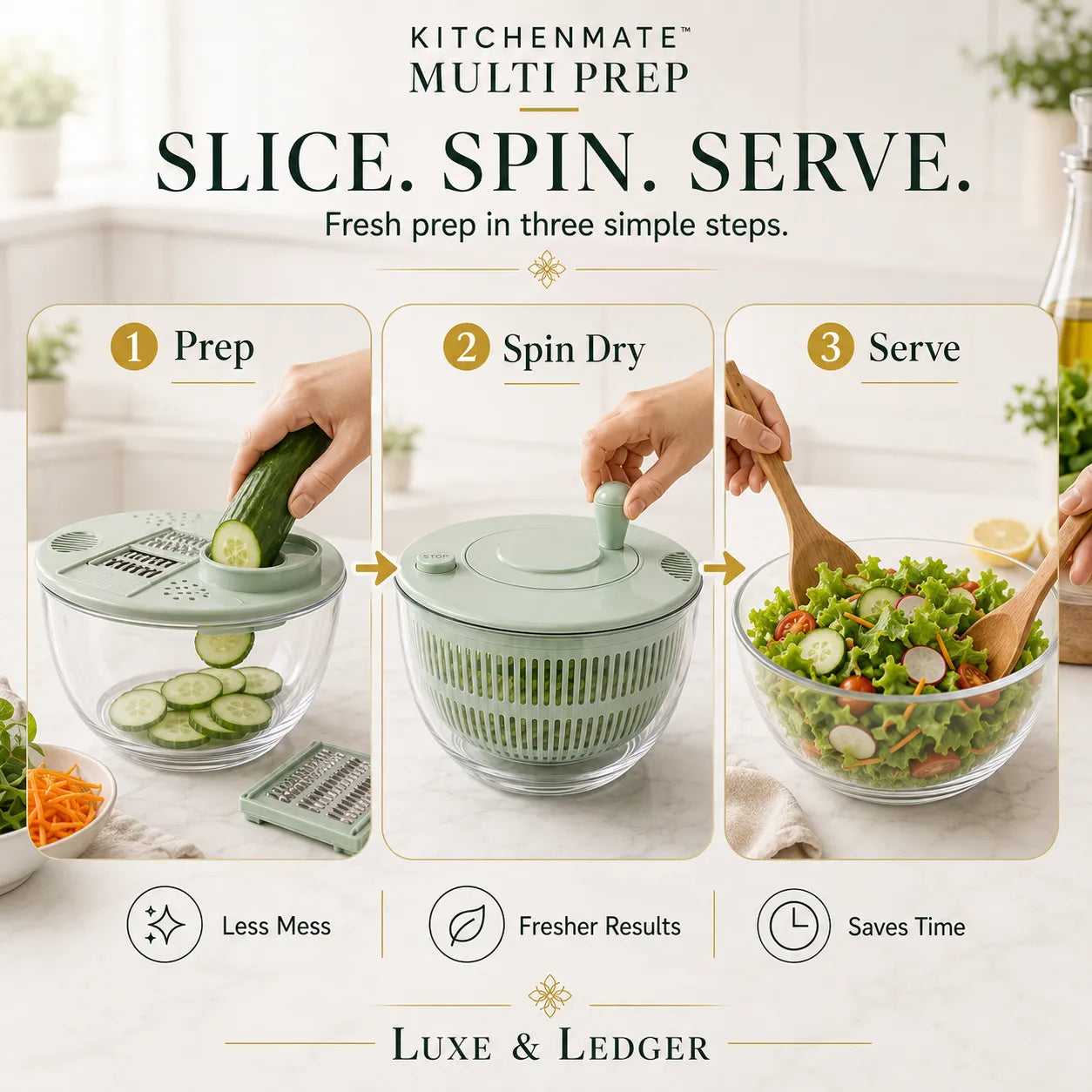 Kitchenaid Multi Prep device with steps to slice, spin dry, and serve on a kitchen counter.
