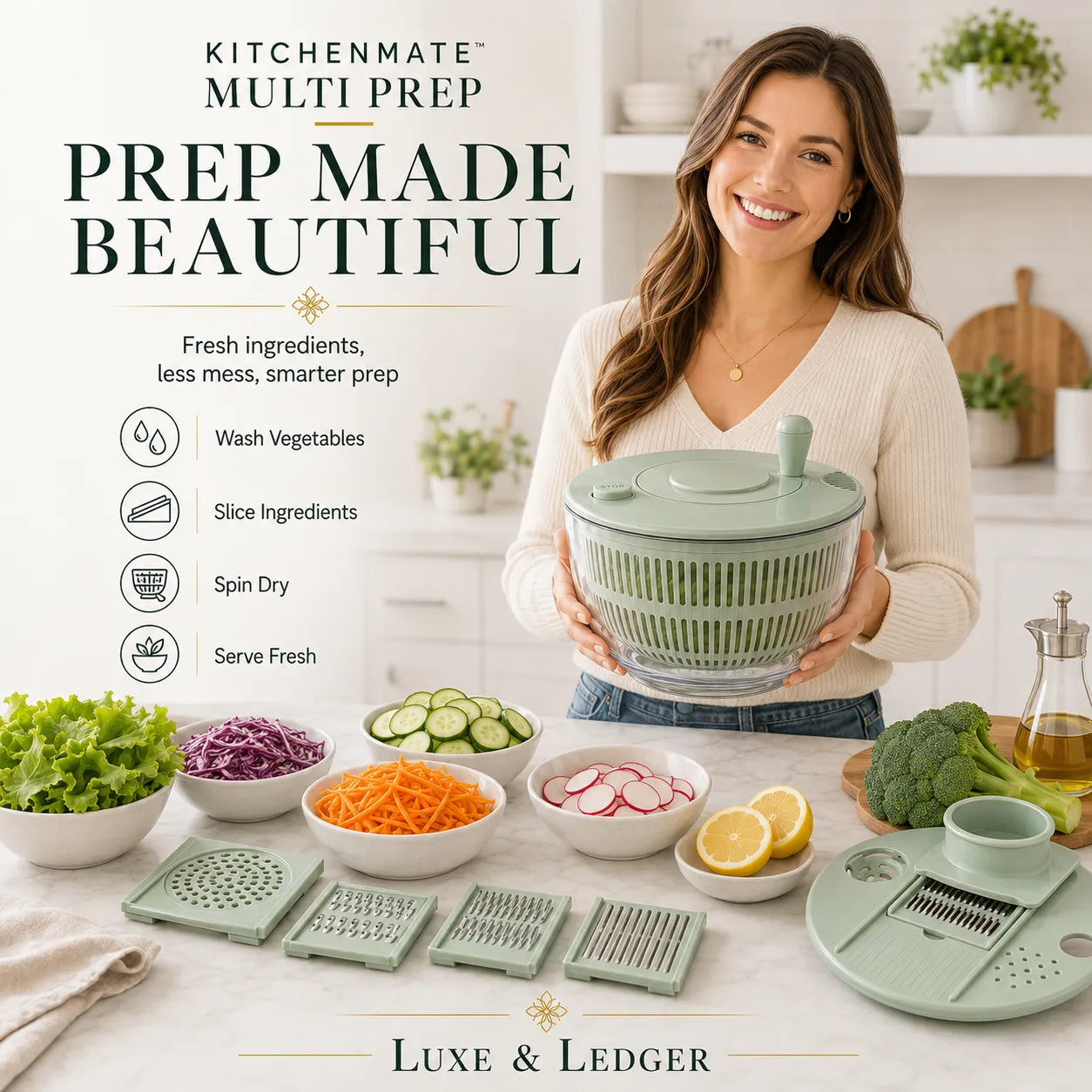 Woman holding a kitchen multi-prep device with various ingredients on a table, promoting 'Kitchenmate Multi Prep'.