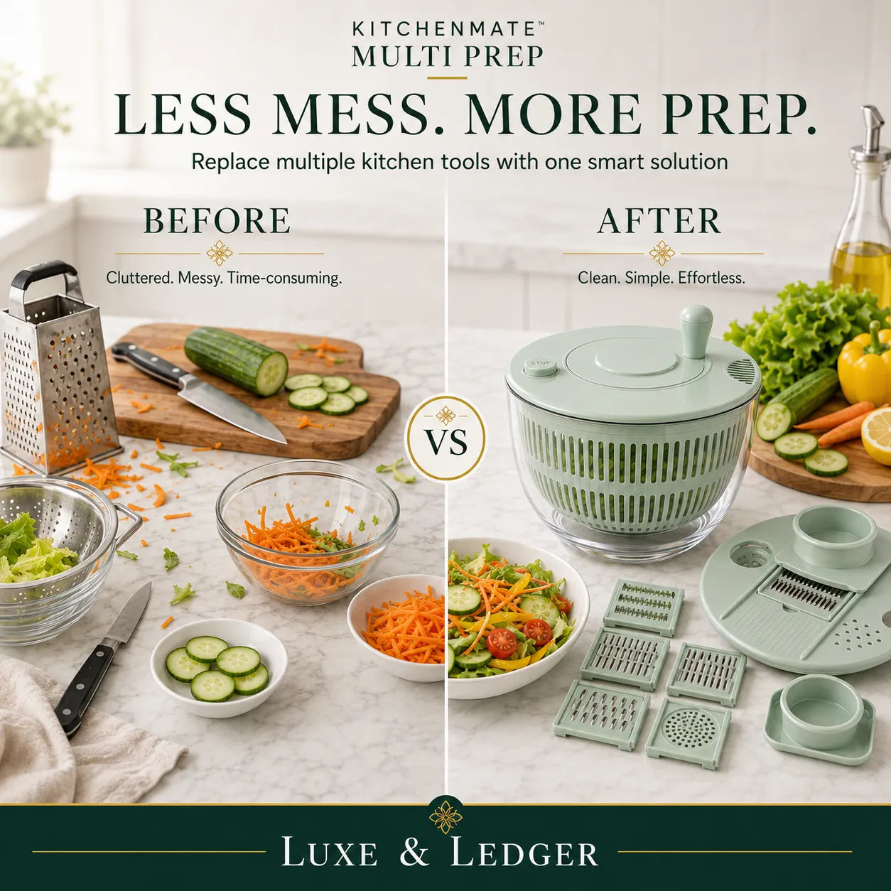 Kitchen setup before and after using a multi-prep kitchen tool with text 'Less Mess. More Prep.' by Luxe & Ledger.