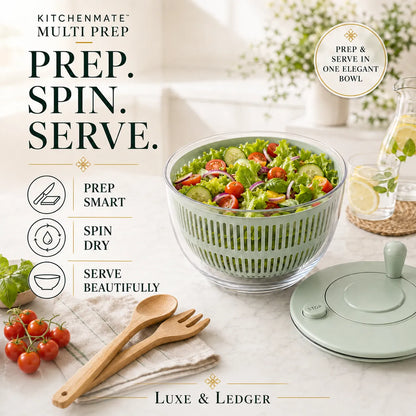 Kitchenaid Multi Prep salad spinner with a salad on a table, surrounded by tomatoes and utensils.