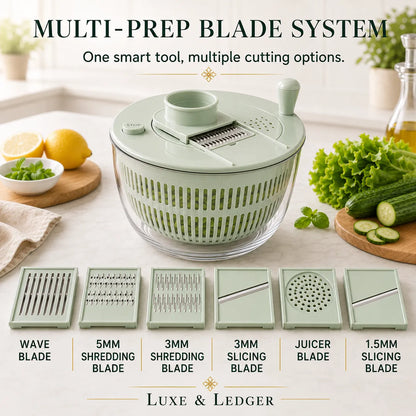 Multi-prep blade system with various blades on a kitchen counter.