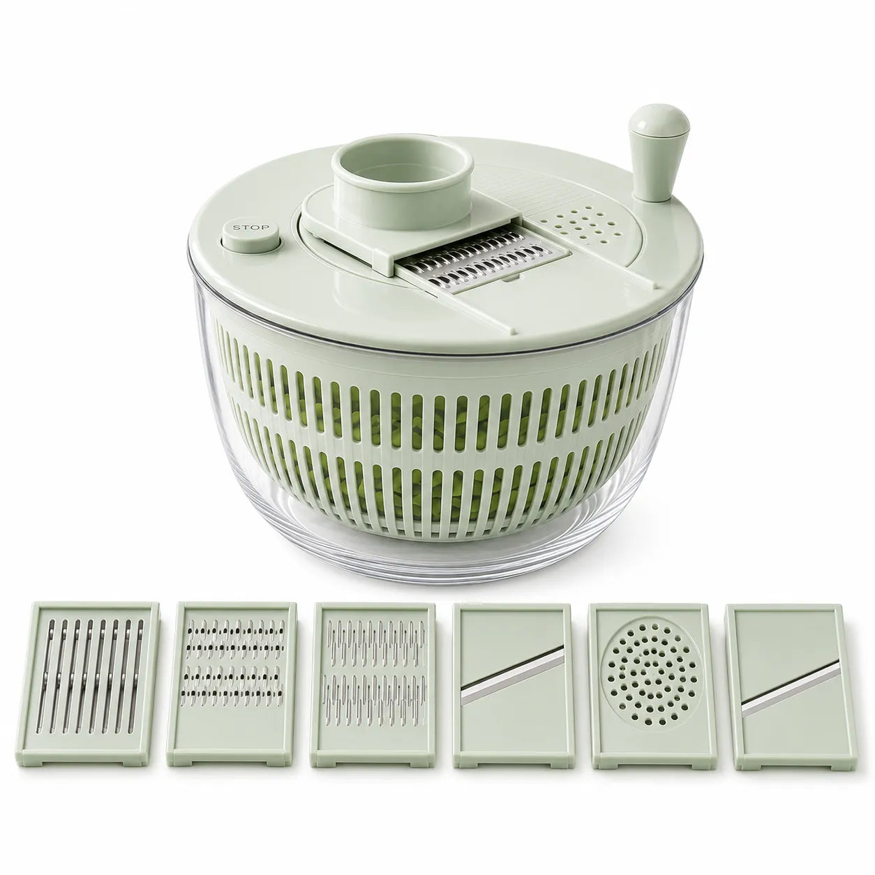 Green kitchen spinner with detachable parts on a white background