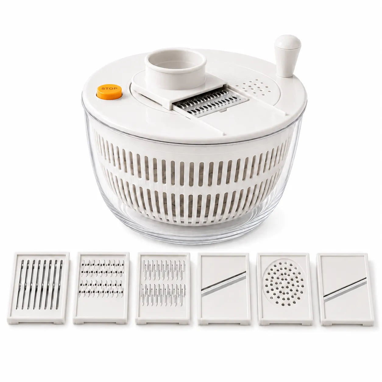 White kitchen slicer with interchangeable blades on a white background
