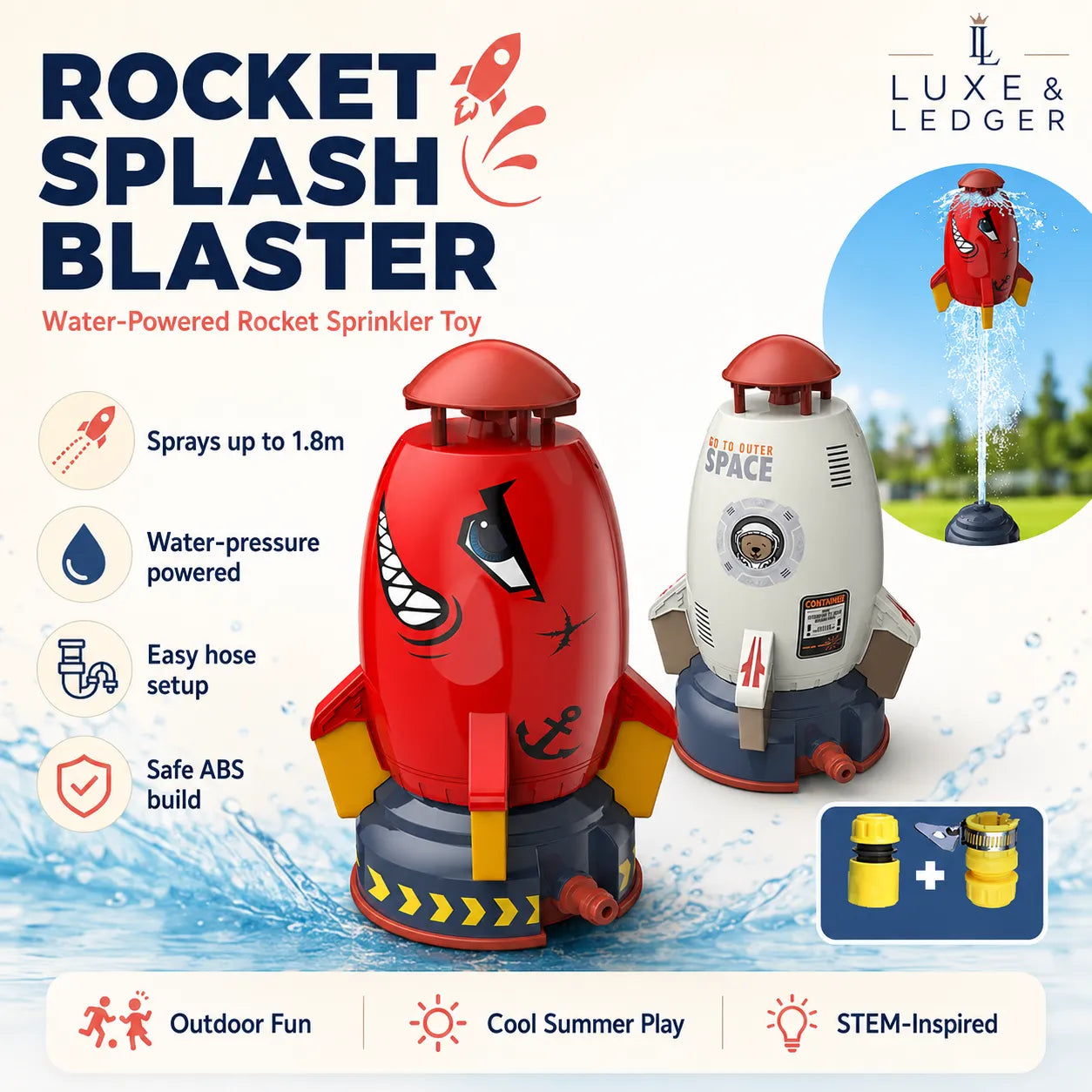 Rocket Splash Blaster water-powered rocket sprinkler toy with Luxe & Ledger branding.