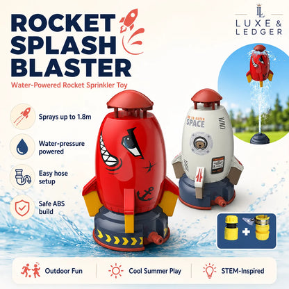 Rocket Splash Blaster water-powered rocket sprinkler toy with Luxe & Ledger branding.