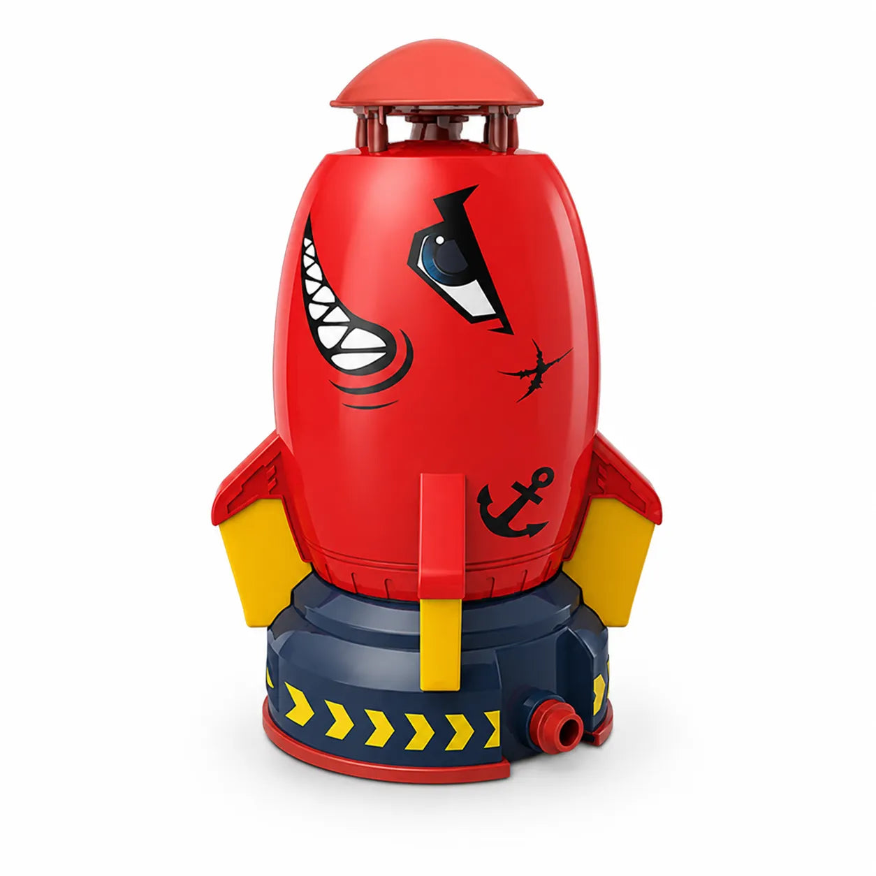 Red and blue robot-like container with cartoon face on a white background